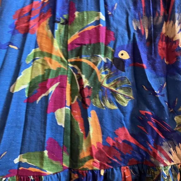 House of Harlow 1960 Large Tropical Parrot Linen Midi Dress Puff Sleeve Blue - Picture 9 of 11